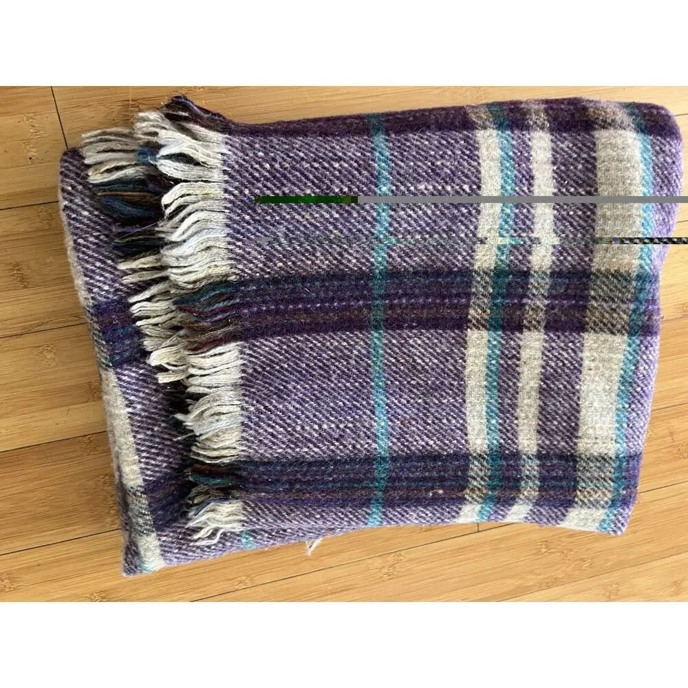 Edinburgh Tartan Shop Pure Wool Purple Blue Grey Plaid Blanket 63x55” Britain